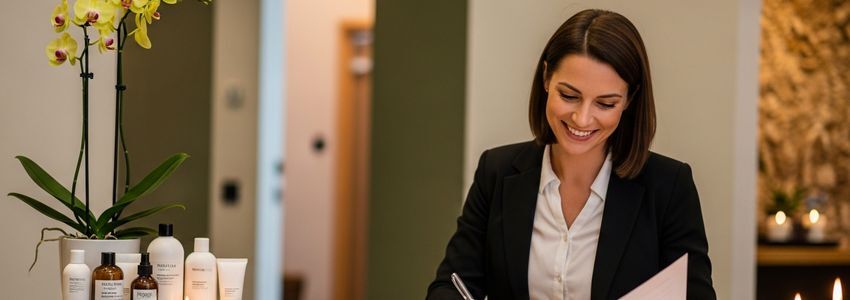 Wellness center owner reviewing financing documents at reception desk