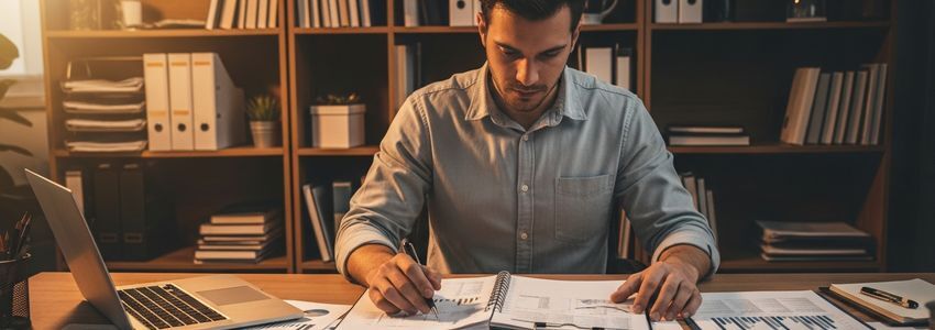 Small business owner reviewing financing options and comparing business loan interest rates at office desk