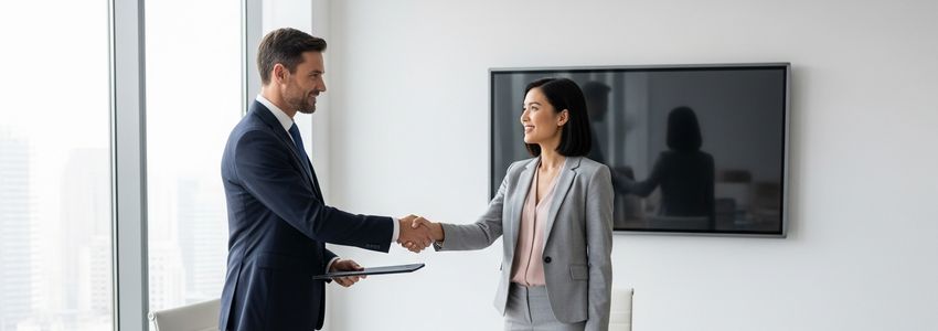 Franchise business owner and lender shaking hands to finalize financing agreement