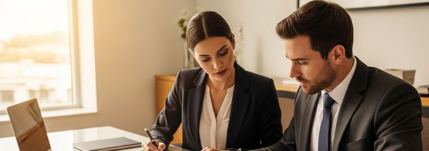 Business professionals reviewing franchise loan documents for a Wendy's franchise financing application