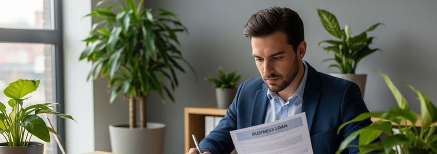 Small business owner reviewing loan documents in a professional West Covina office