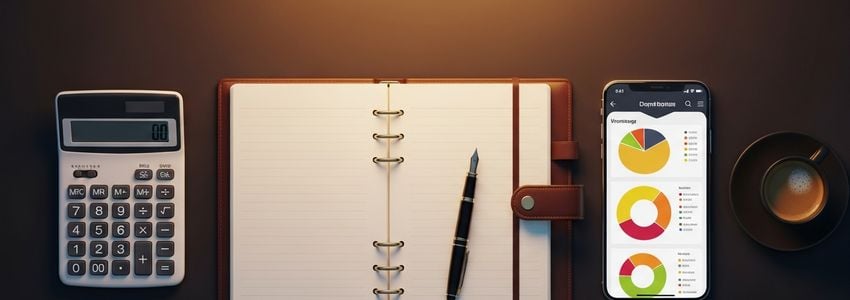 Professional financial planning workspace with calculator, laptop showing charts, and business documents