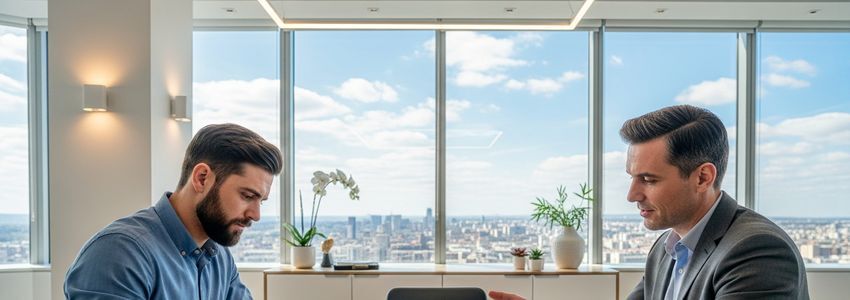 Business owner reviewing loan documents with financial advisor in a modern office setting