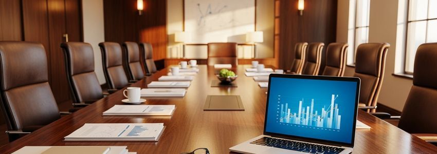 A corporate boardroom prepared for an investor meeting with financial documents and charts
