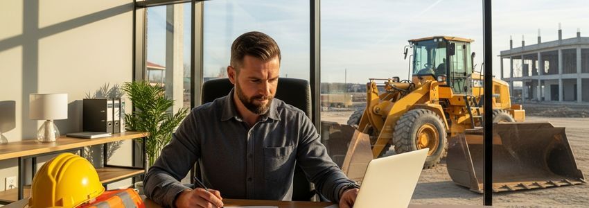 Construction business owner reviewing wheel loader financing paperwork with equipment visible through office window