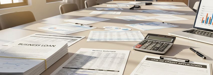 Business finance documents showing a line of credit application, income statement and loan documents on a conference table