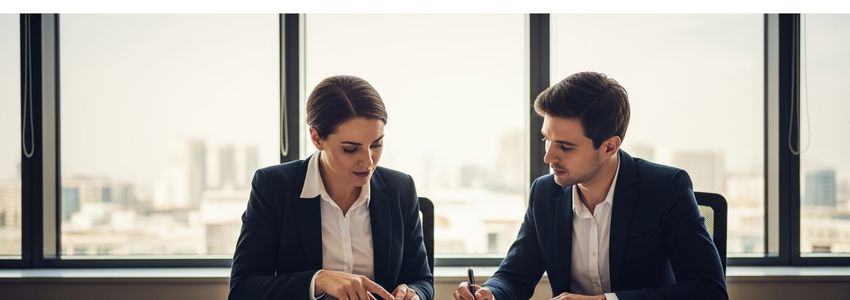 Wholesale business owner and financial advisor reviewing loan documents at a professional office