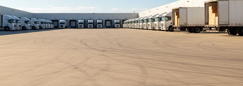Wholesale and distribution center loading dock with delivery trucks at loading bays