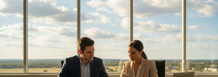 Small business professionals in Wichita Falls Texas reviewing business loan documents in a modern office