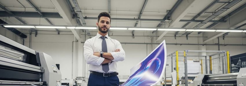 Business professional examining wide format print samples in a professional print production facility