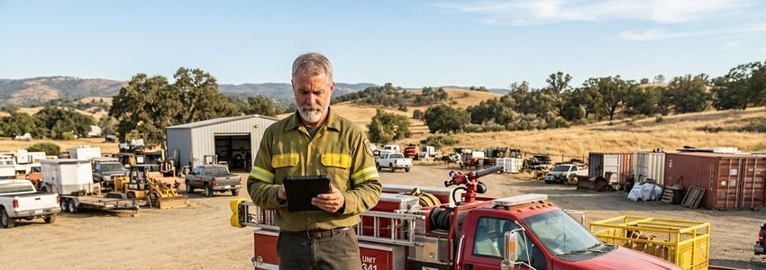 Fire suppression contractor reviewing equipment financing paperwork near a wildland fire engine