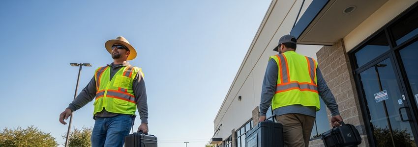 Wildlife control professionals with equipment at commercial building - wildlife removal business financing