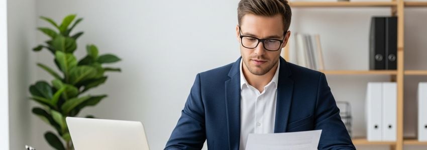 Small business owner reviewing loan documents in a professional office in Wilmington NC