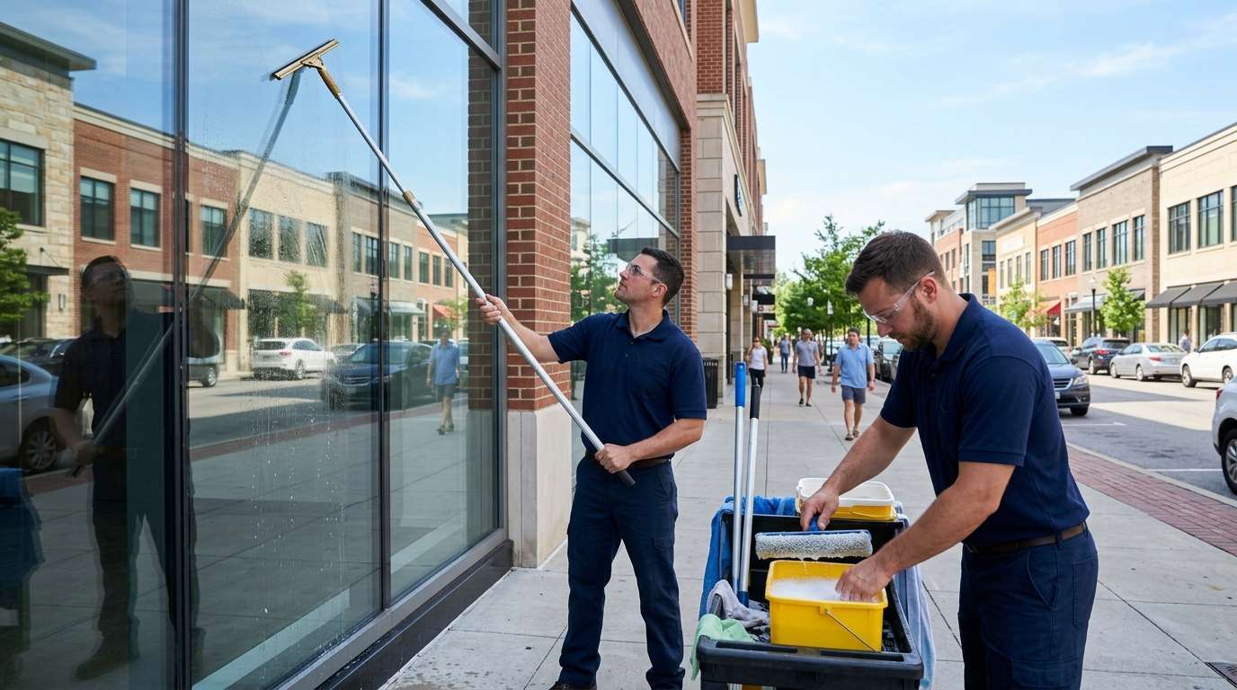 Professional window cleaning team working on commercial storefront windows with squeegee poles and cleaning equipment