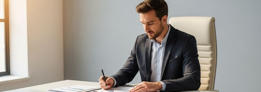 Auto glass shop owner reviewing windshield repair business loan documents at desk