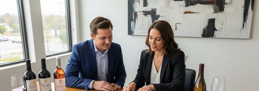 Wine brand business owner reviewing loan documents with wine bottles in the background