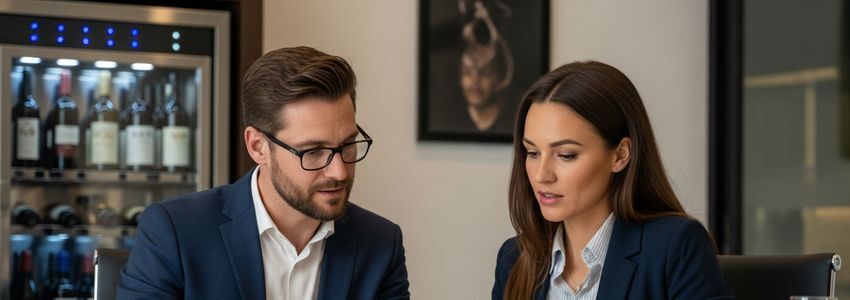 Restaurant owner reviewing wine dispenser financing options with business advisor