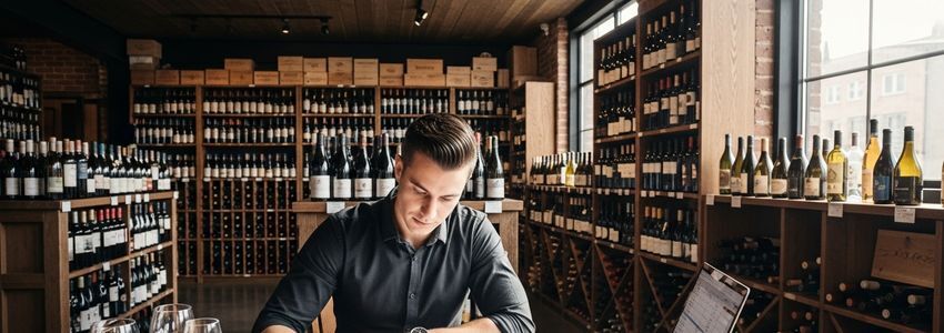 wine shop owner reviewing loan options at a desk with wine bottles in background