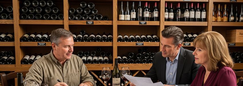 Winery owner reviewing expansion financing plans in a wine tasting room