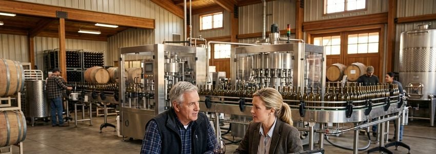 Winery owner and equipment financing specialist reviewing bottling line equipment documents in a wine production facility