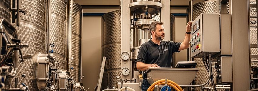 Winery owner examining fermentation equipment and wine press at commercial winery