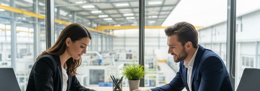 Business owner and financial advisor reviewing work-in-process financing options at a desk with a manufacturing facility visible in the background