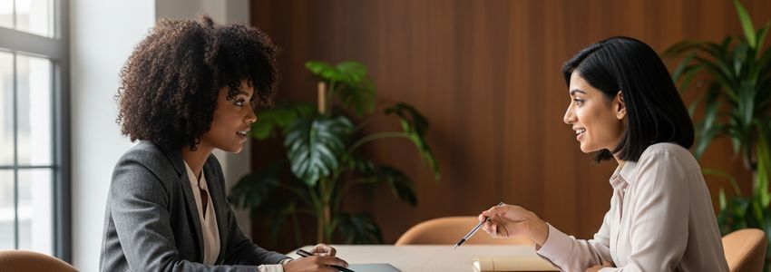 Two professional women business owners reviewing financing options in a modern office setting