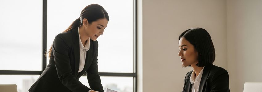 Two women entrepreneurs reviewing small business loan documents in a modern office setting