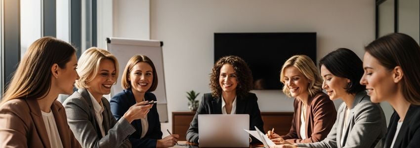 Women entrepreneurs discussing small business loan options at a conference table