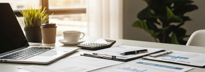 Professional business desk with financial documents, laptop, and loan application materials representing small business financing for women entrepreneurs