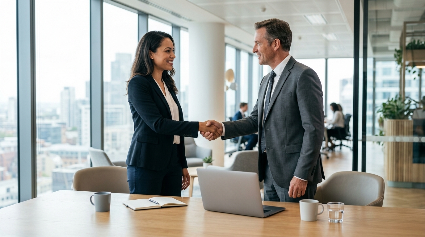 Professional woman entrepreneur shaking hands with a financial advisor in a modern office, representing business loan approval for women-owned businesses