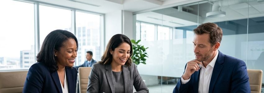 Professional women entrepreneurs reviewing business loan documents in a modern office setting
