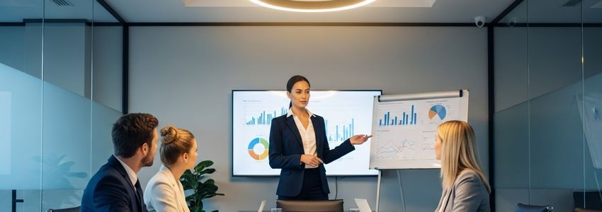 Professional women entrepreneurs reviewing business loan statistics and financing options in a corporate boardroom