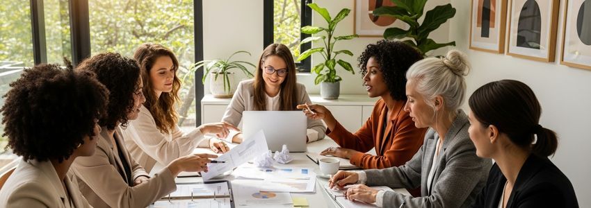Women entrepreneurs collaborating in a business meeting, reviewing financing options and growth strategies