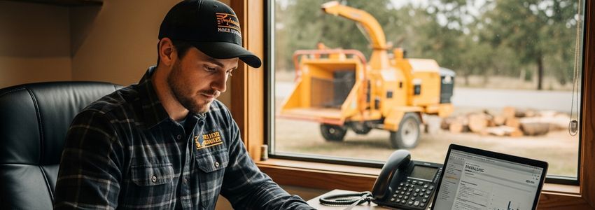 Tree service business owner reviewing wood chipper financing options at desk