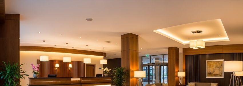 Modern hotel lobby interior with reception desk, warm lighting, and comfortable seating area for extended-stay guests