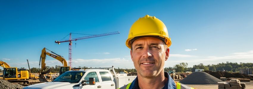 Contractor reviewing work truck financing options at a construction site