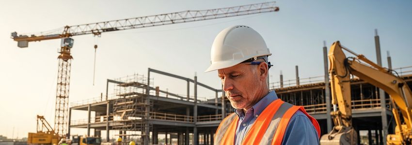 Safety inspector reviewing worker safety compliance at a commercial facility