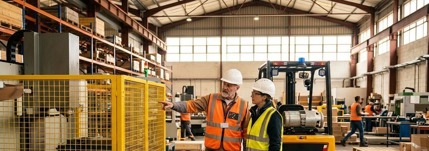Warehouse safety manager reviewing forklift equipment upgrades with a business owner to reduce workers comp claims