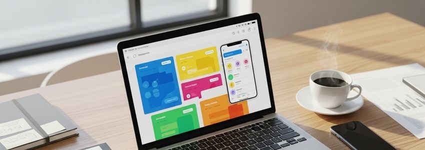 App developer workspace with laptop showing mobile app development dashboard and business documents