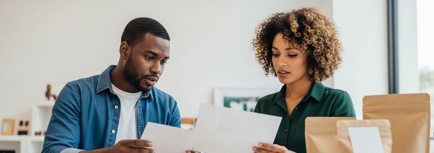 Business owners reviewing working capital loan documents for new brand line launch