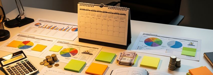 Business owner reviewing seasonal financial planning documents with charts and calendar