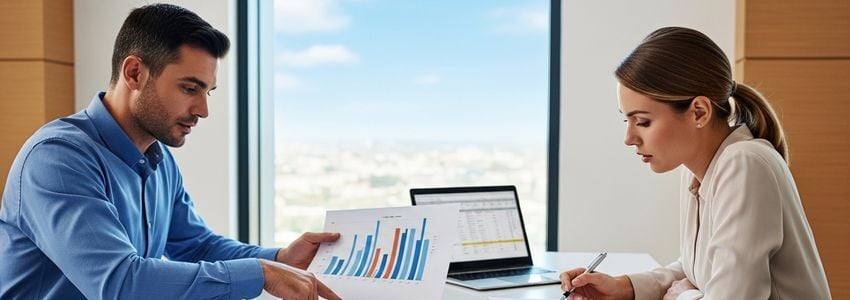 Business professionals reviewing working capital calculations and financial statements in a modern office