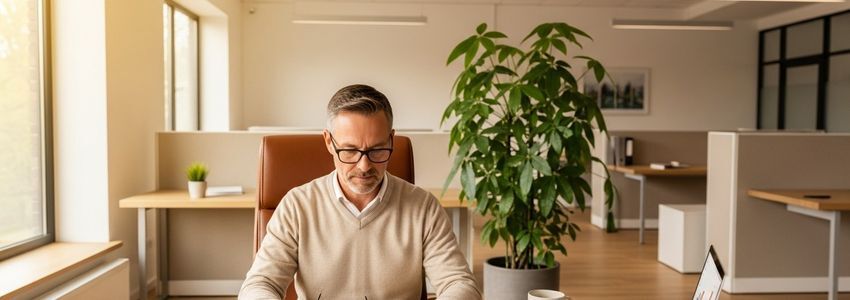 Business owner reviewing working capital requirements and cash flow documents at office desk