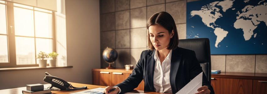 Business professional reviewing international expansion financing options and working capital loan documents
