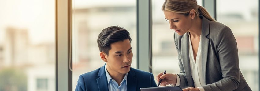 Business owner and accountant reviewing payroll and inventory reports on a laptop
