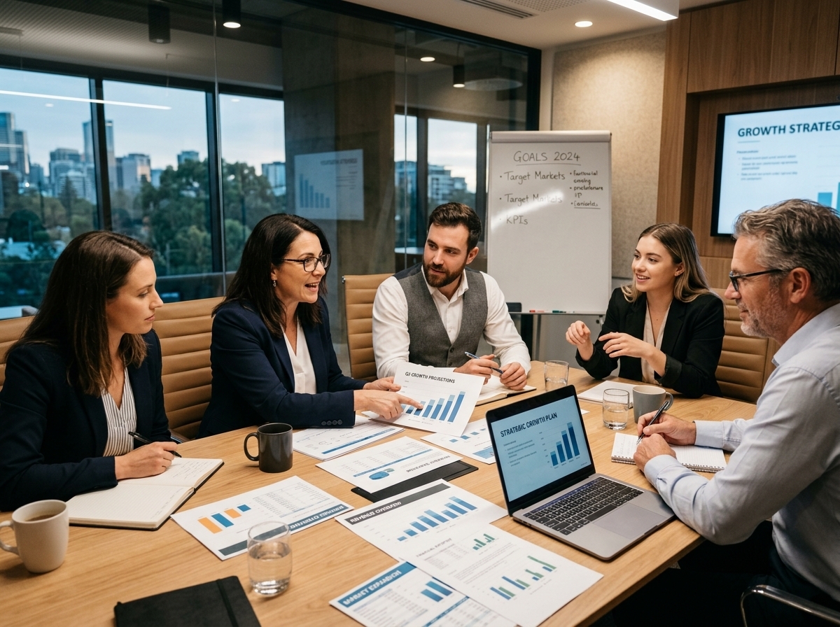 Small business team discussing growth strategy and financial reports in a conference room