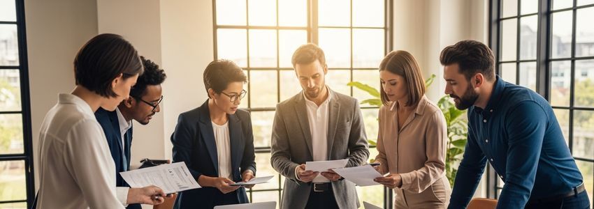 Small business professionals collaborating on a working capital loan review in a modern office