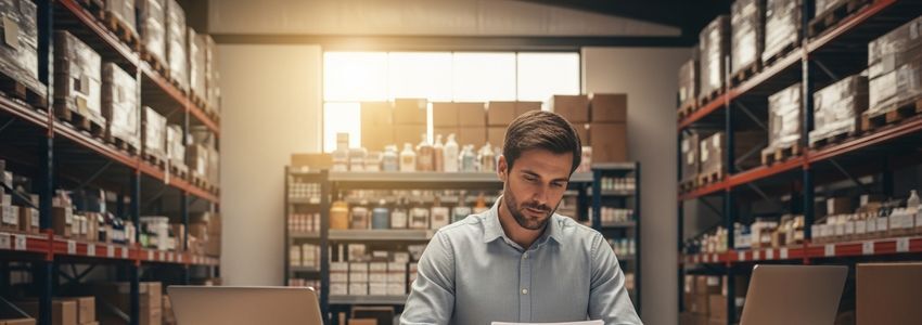 Multi-channel retailer reviewing inventory and cash flow data in a warehouse setting, representing working capital loan use cases