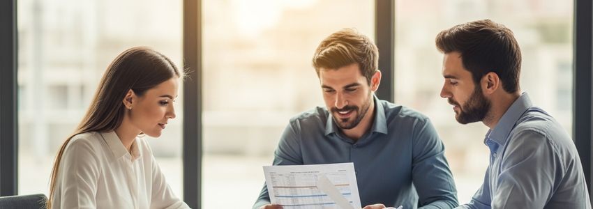 Business team reviewing working capital reports and financial statements at a conference table